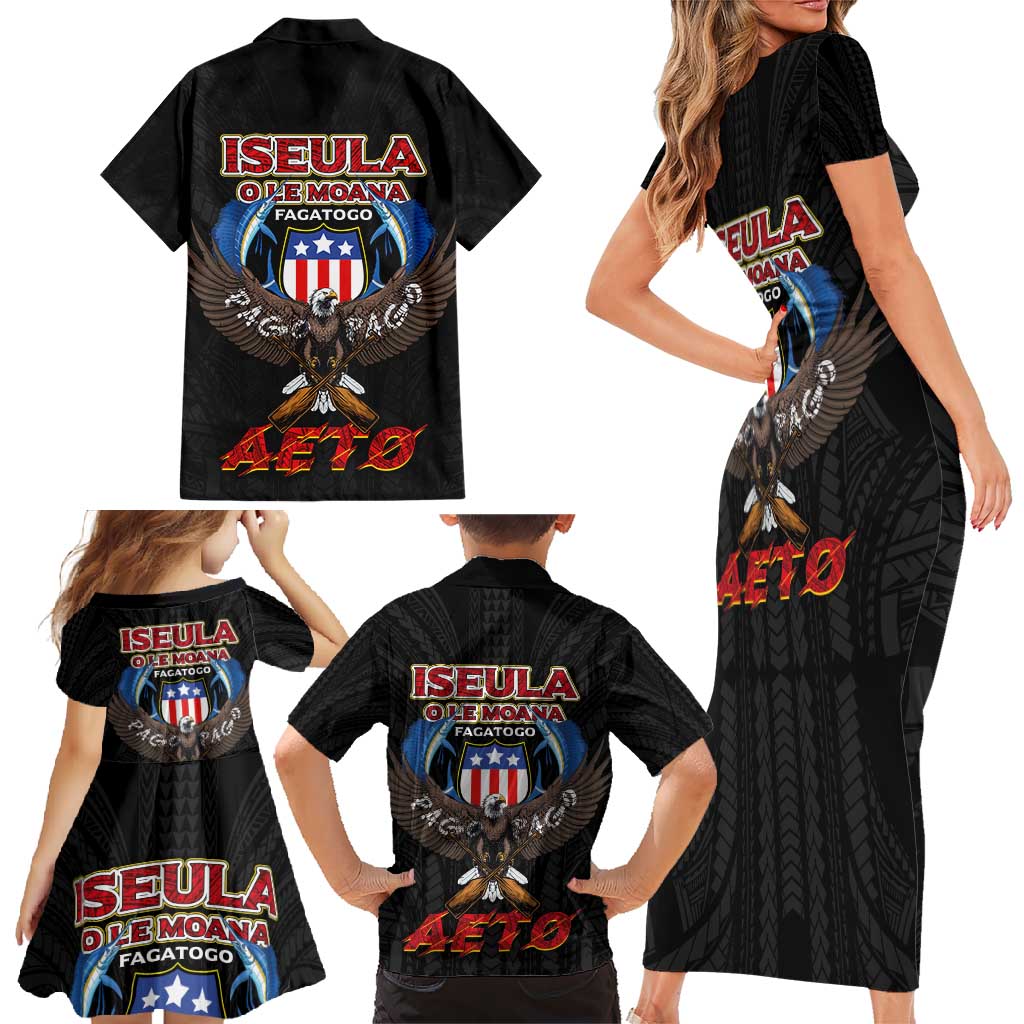 American Samoa Fautasi Family Matching Short Sleeve Bodycon Dress and Hawaiian Shirt Pago Pago Aeto and Iseula o le Moana of Fagatogo Black Color - Polynesian Pride