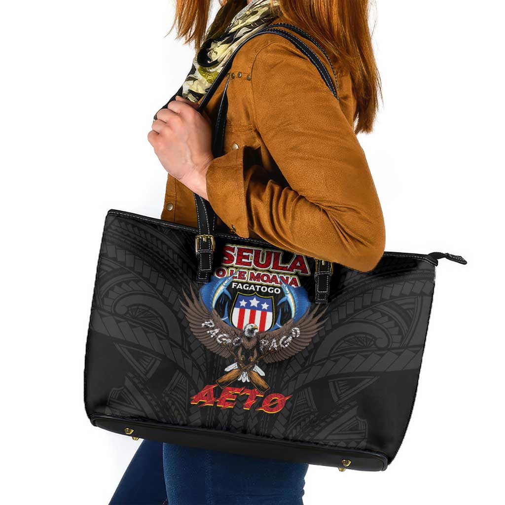 American Samoa Fautasi Leather Tote Bag Pago Pago Aeto and Iseula o le Moana of Fagatogo Black Color - Polynesian Pride