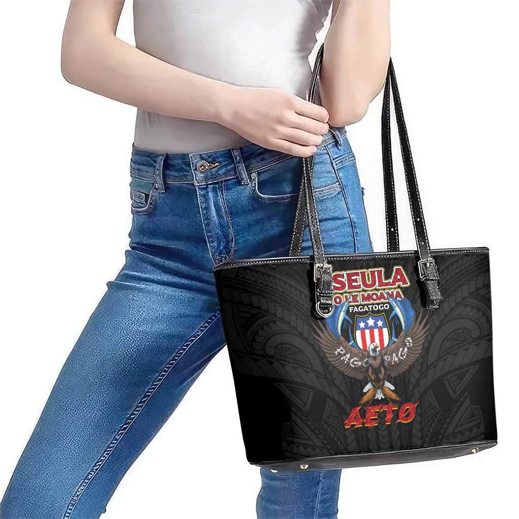 American Samoa Fautasi Leather Tote Bag Pago Pago Aeto and Iseula o le Moana of Fagatogo Black Color - Polynesian Pride