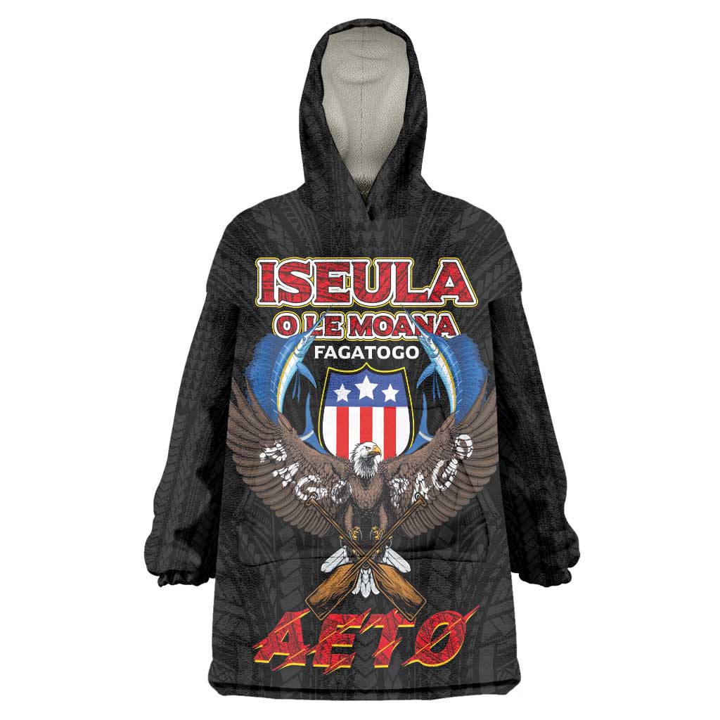 American Samoa Fautasi Wearable Blanket Hoodie Pago Pago Aeto and Iseula o le Moana of Fagatogo Black Color - Polynesian Pride