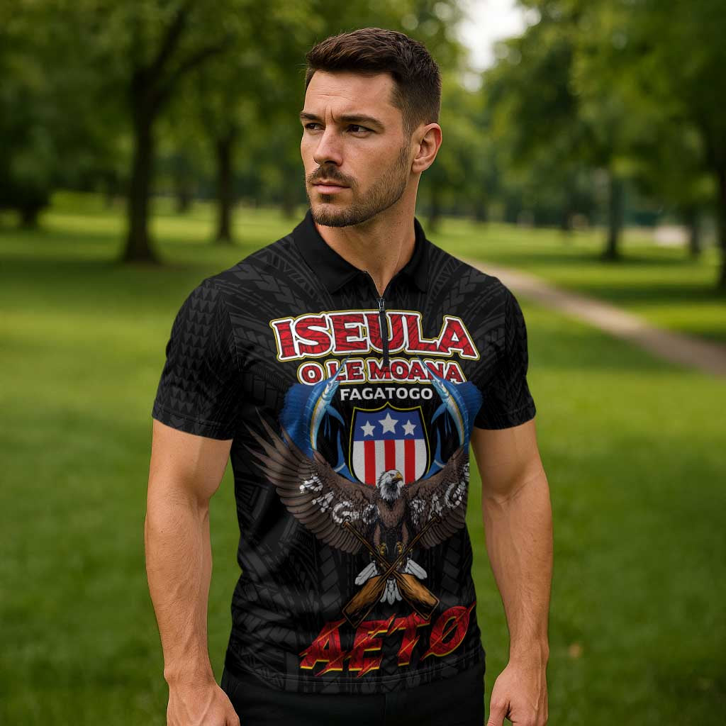 American Samoa Fautasi Zipper Polo Shirt Pago Pago Aeto and Iseula o le Moana of Fagatogo Black Color - Polynesian Pride