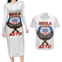 American Samoa Fautasi Couples Matching Long Sleeve Bodycon Dress and Hawaiian Shirt Pago Pago Aeto and Iseula o le Moana of Fagatogo White Color - Polynesian Pride
