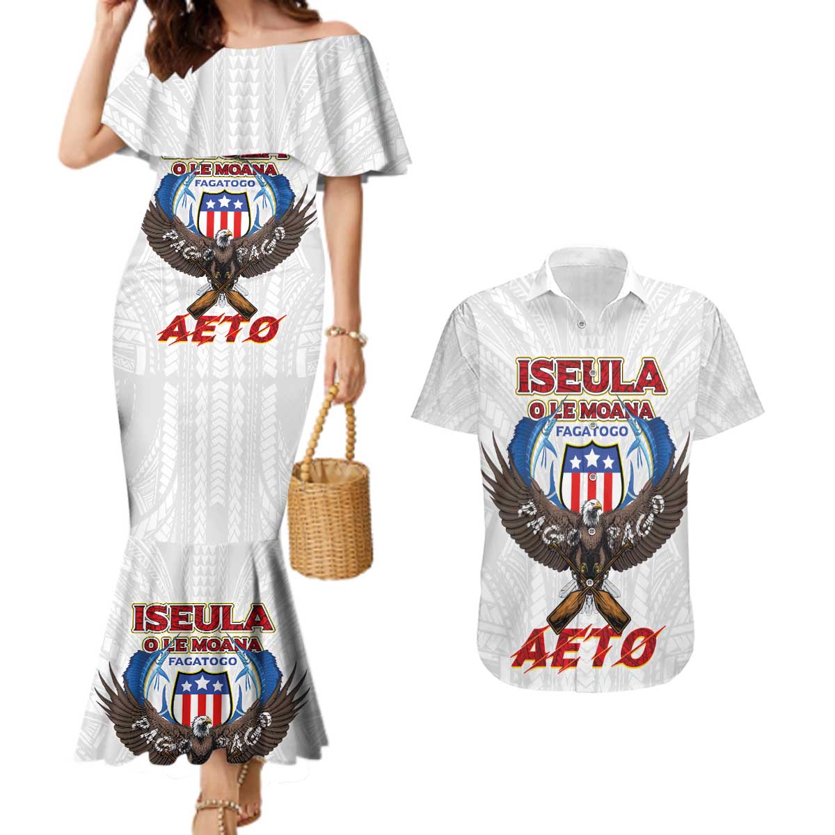 American Samoa Fautasi Couples Matching Mermaid Dress and Hawaiian Shirt Pago Pago Aeto and Iseula o le Moana of Fagatogo White Color - Polynesian Pride