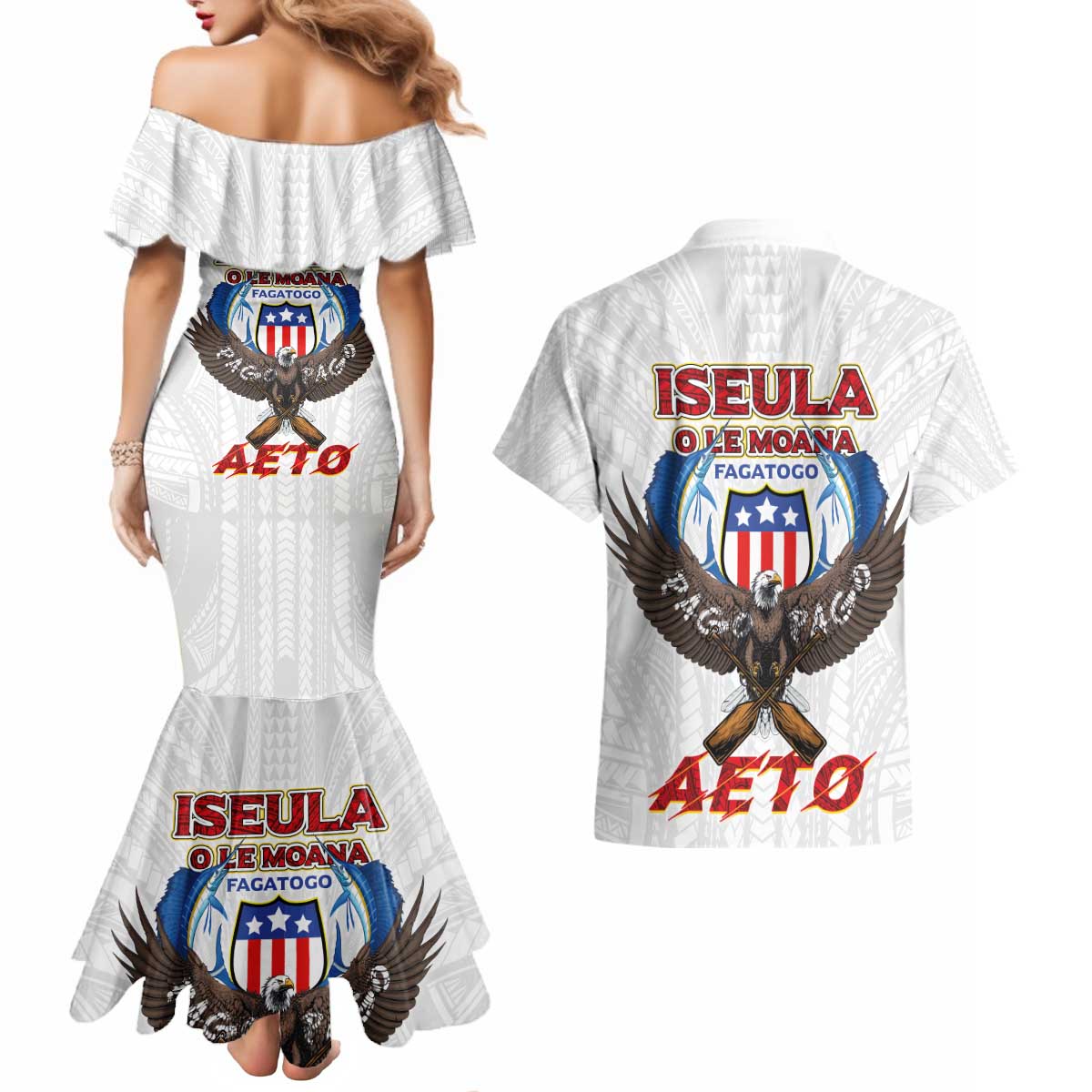 American Samoa Fautasi Couples Matching Mermaid Dress and Hawaiian Shirt Pago Pago Aeto and Iseula o le Moana of Fagatogo White Color - Polynesian Pride