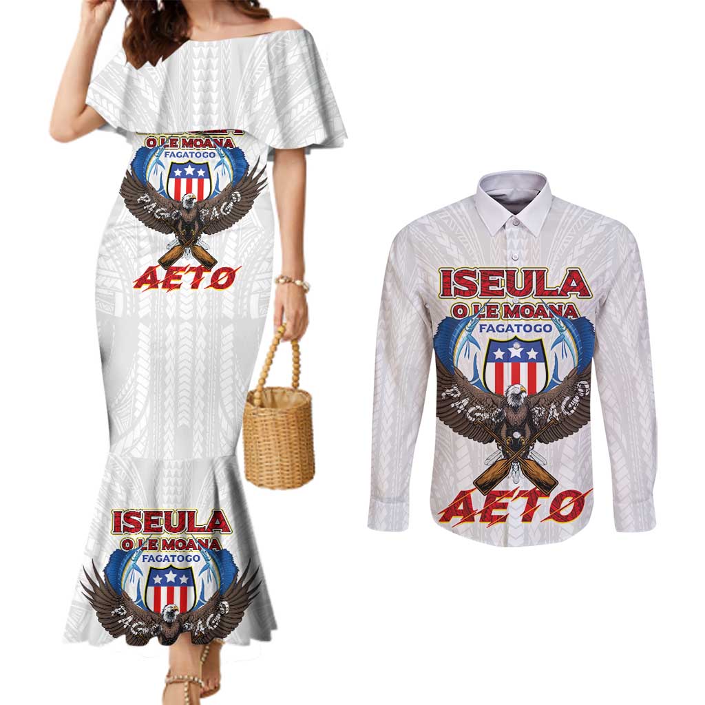 American Samoa Fautasi Couples Matching Mermaid Dress and Long Sleeve Button Shirt Pago Pago Aeto and Iseula o le Moana of Fagatogo White Color - Polynesian Pride