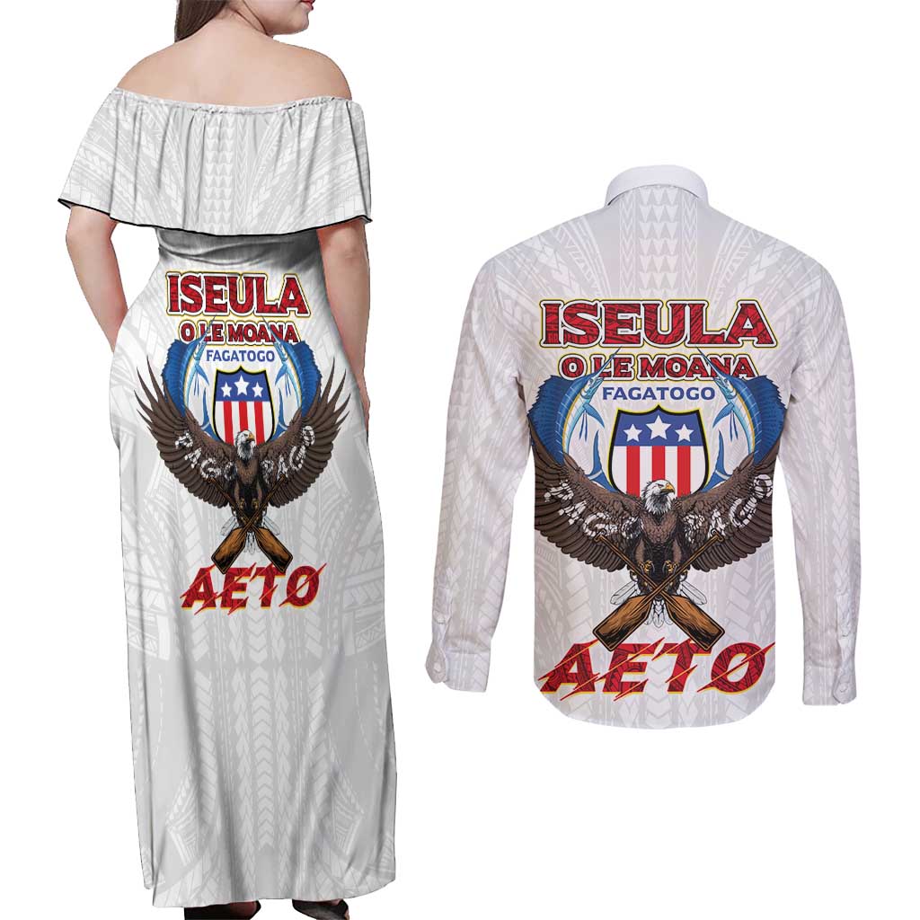 American Samoa Fautasi Couples Matching Off Shoulder Maxi Dress and Long Sleeve Button Shirt Pago Pago Aeto and Iseula o le Moana of Fagatogo White Color - Polynesian Pride