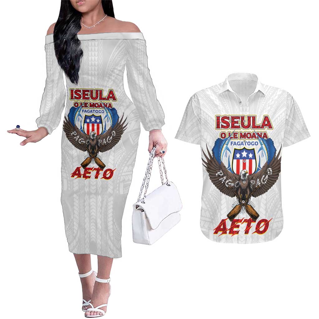 American Samoa Fautasi Couples Matching Off The Shoulder Long Sleeve Dress and Hawaiian Shirt Pago Pago Aeto and Iseula o le Moana of Fagatogo White Color - Polynesian Pride