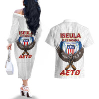 American Samoa Fautasi Couples Matching Off The Shoulder Long Sleeve Dress and Hawaiian Shirt Pago Pago Aeto and Iseula o le Moana of Fagatogo White Color - Polynesian Pride