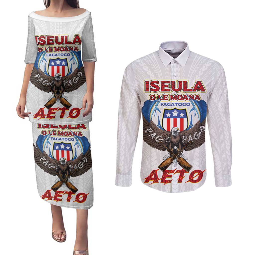 American Samoa Fautasi Couples Matching Puletasi and Long Sleeve Button Shirt Pago Pago Aeto and Iseula o le Moana of Fagatogo White Color - Polynesian Pride