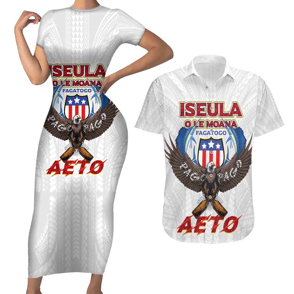 American Samoa Fautasi Couples Matching Short Sleeve Bodycon Dress and Hawaiian Shirt Pago Pago Aeto and Iseula o le Moana of Fagatogo White Color - Polynesian Pride