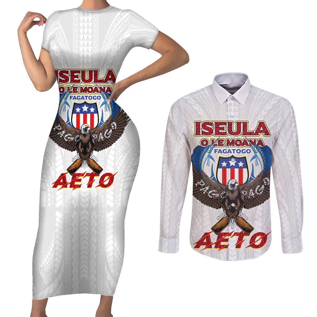 American Samoa Fautasi Couples Matching Short Sleeve Bodycon Dress and Long Sleeve Button Shirt Pago Pago Aeto and Iseula o le Moana of Fagatogo White Color - Polynesian Pride