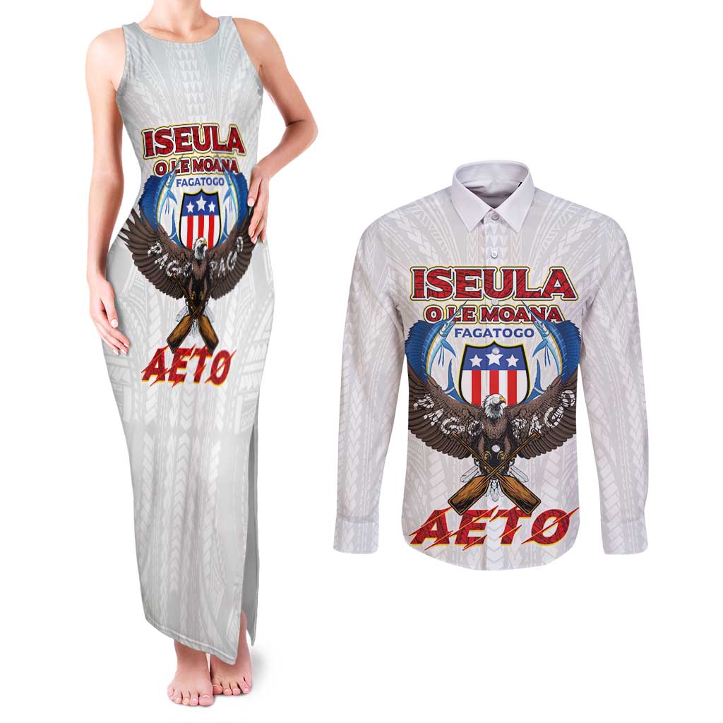 American Samoa Fautasi Couples Matching Tank Maxi Dress and Long Sleeve Button Shirt Pago Pago Aeto and Iseula o le Moana of Fagatogo White Color - Polynesian Pride