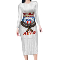 American Samoa Fautasi Family Matching Long Sleeve Bodycon Dress and Hawaiian Shirt Pago Pago Aeto and Iseula o le Moana of Fagatogo White Color - Polynesian Pride