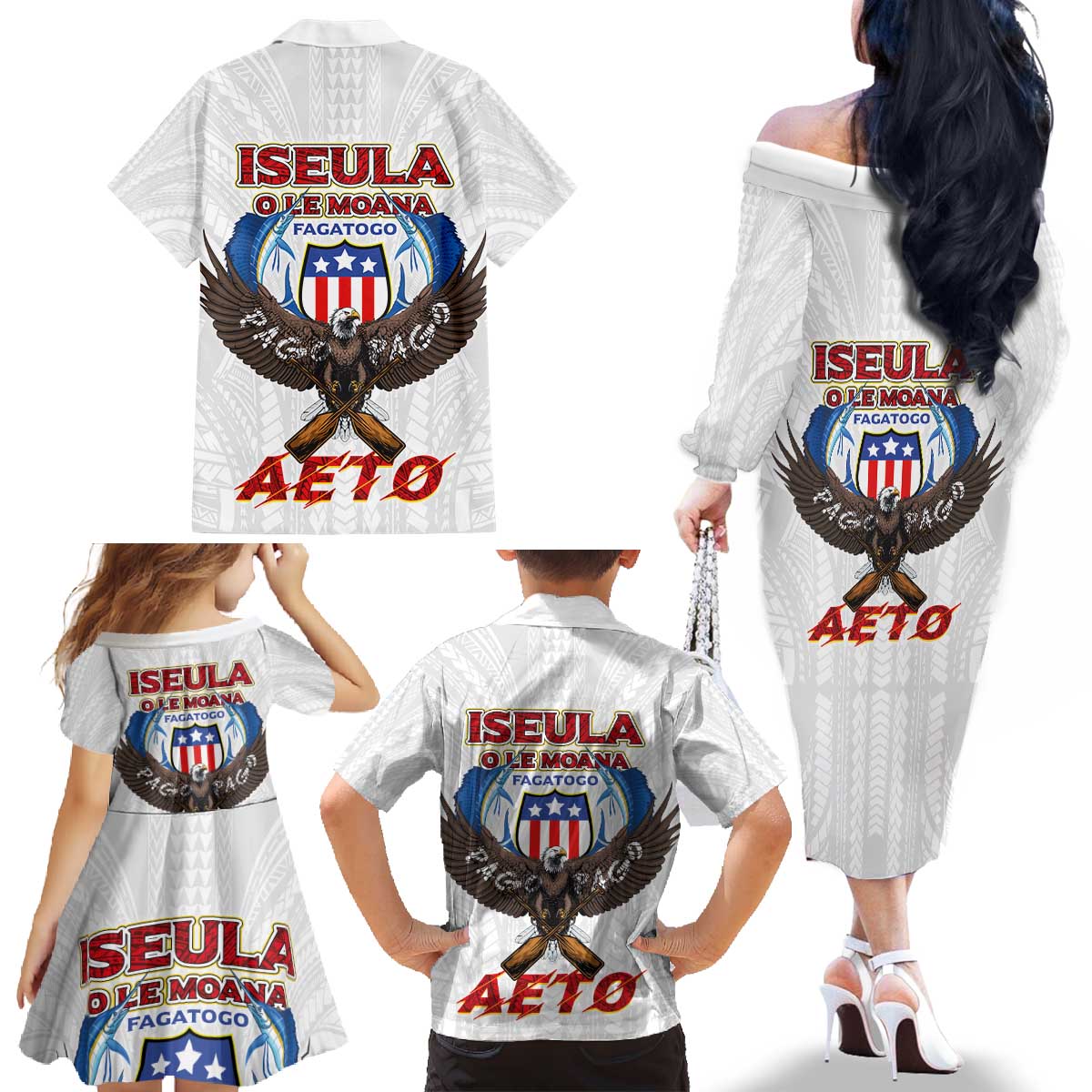 American Samoa Fautasi Family Matching Off The Shoulder Long Sleeve Dress and Hawaiian Shirt Pago Pago Aeto and Iseula o le Moana of Fagatogo White Color - Polynesian Pride
