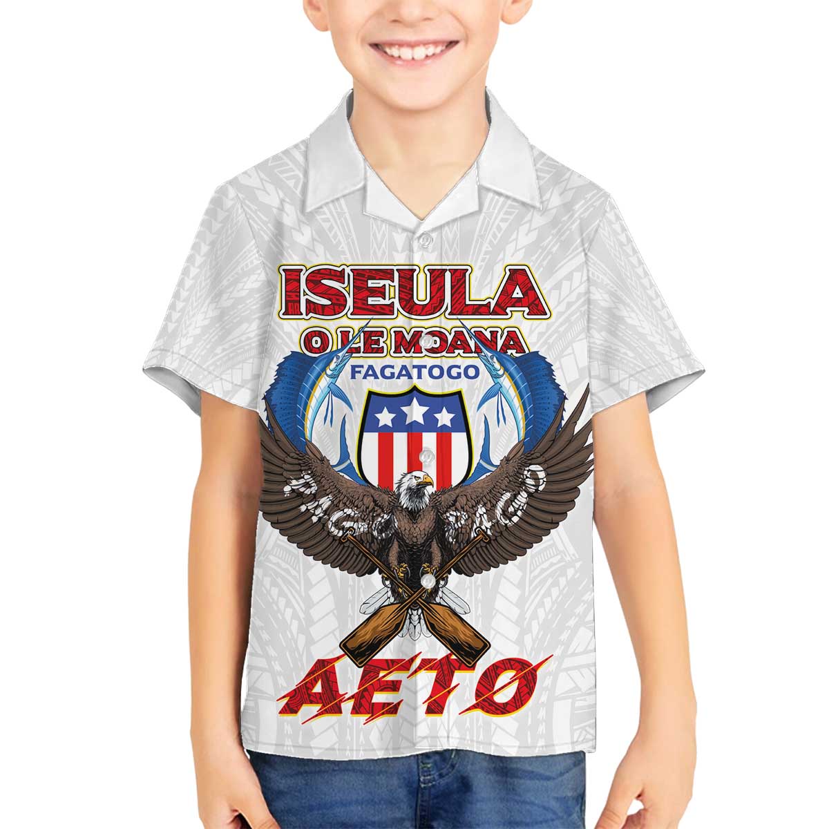 American Samoa Fautasi Family Matching Off The Shoulder Long Sleeve Dress and Hawaiian Shirt Pago Pago Aeto and Iseula o le Moana of Fagatogo White Color - Polynesian Pride