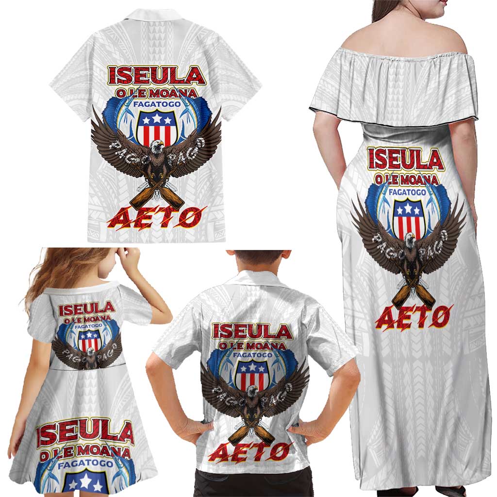 American Samoa Fautasi Family Matching Off Shoulder Maxi Dress and Hawaiian Shirt Pago Pago Aeto and Iseula o le Moana of Fagatogo White Color - Polynesian Pride