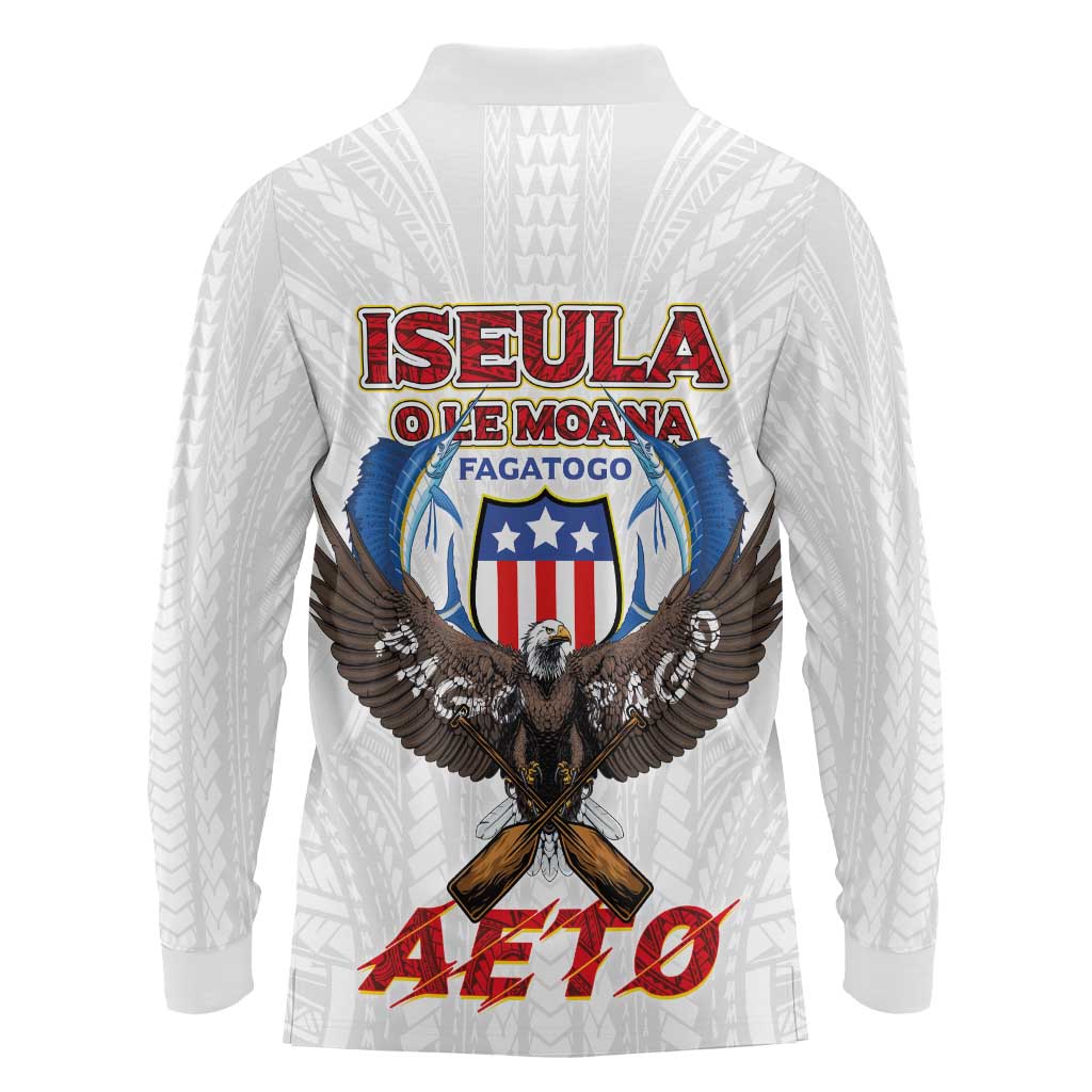 American Samoa Fautasi Long Sleeve Polo Shirt Pago Pago Aeto and Iseula o le Moana of Fagatogo White Color - Polynesian Pride