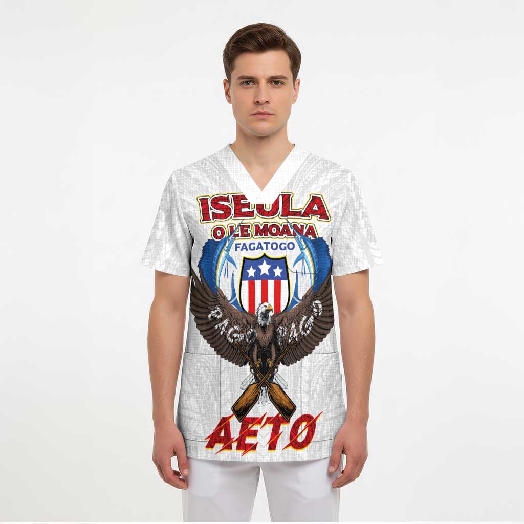 American Samoa Fautasi Scrub Top Pago Pago Aeto and Iseula o le Moana of Fagatogo White Color - Polynesian Pride
