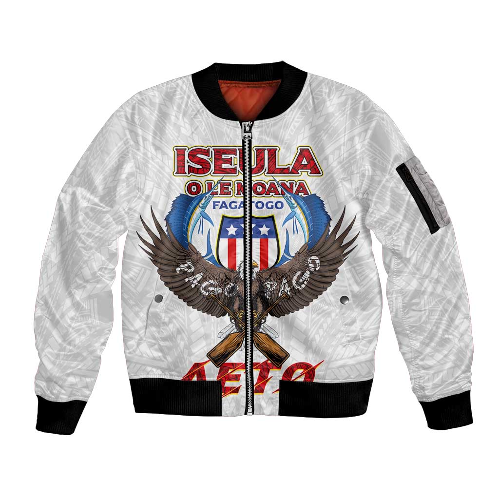 American Samoa Fautasi Sleeve Zip Bomber Jacket Pago Pago Aeto and Iseula o le Moana of Fagatogo White Color - Polynesian Pride