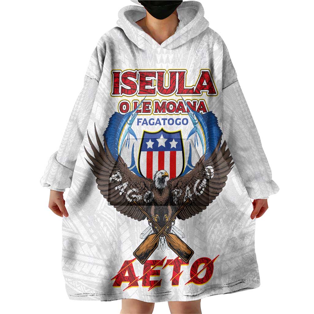 American Samoa Fautasi Wearable Blanket Hoodie Pago Pago Aeto and Iseula o le Moana of Fagatogo White Color - Polynesian Pride