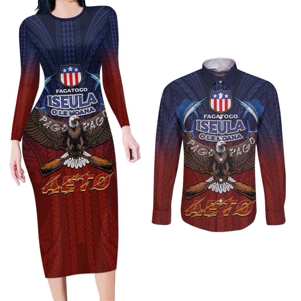 American Samoa Fautasi Couples Matching Long Sleeve Bodycon Dress and Long Sleeve Button Shirt Pago Pago Aeto and Iseula o le Moana of Fagatogo Red-Blue - Polynesian Pride