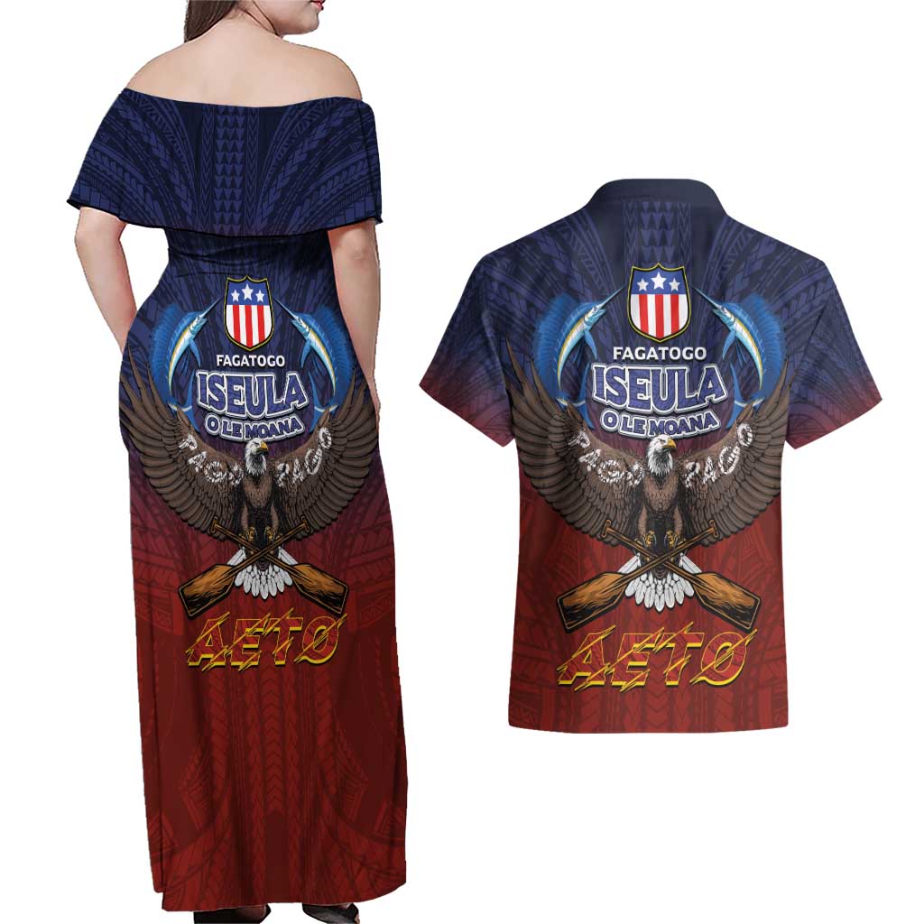 American Samoa Fautasi Couples Matching Off Shoulder Maxi Dress and Hawaiian Shirt Pago Pago Aeto and Iseula o le Moana of Fagatogo Red-Blue - Polynesian Pride