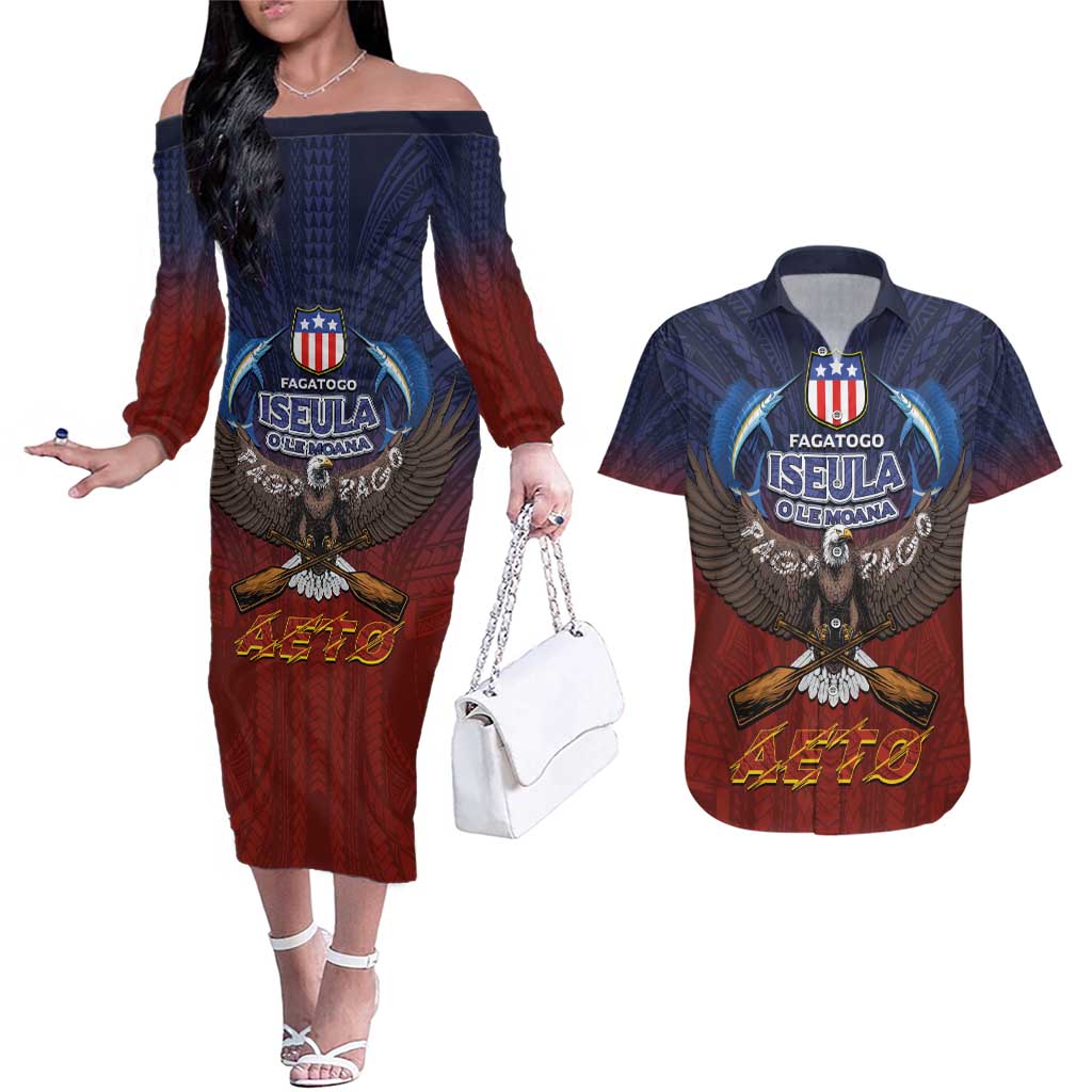 American Samoa Fautasi Couples Matching Off The Shoulder Long Sleeve Dress and Hawaiian Shirt Pago Pago Aeto and Iseula o le Moana of Fagatogo Red-Blue - Polynesian Pride