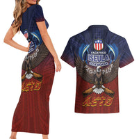 American Samoa Fautasi Couples Matching Short Sleeve Bodycon Dress and Hawaiian Shirt Pago Pago Aeto and Iseula o le Moana of Fagatogo Red-Blue - Polynesian Pride