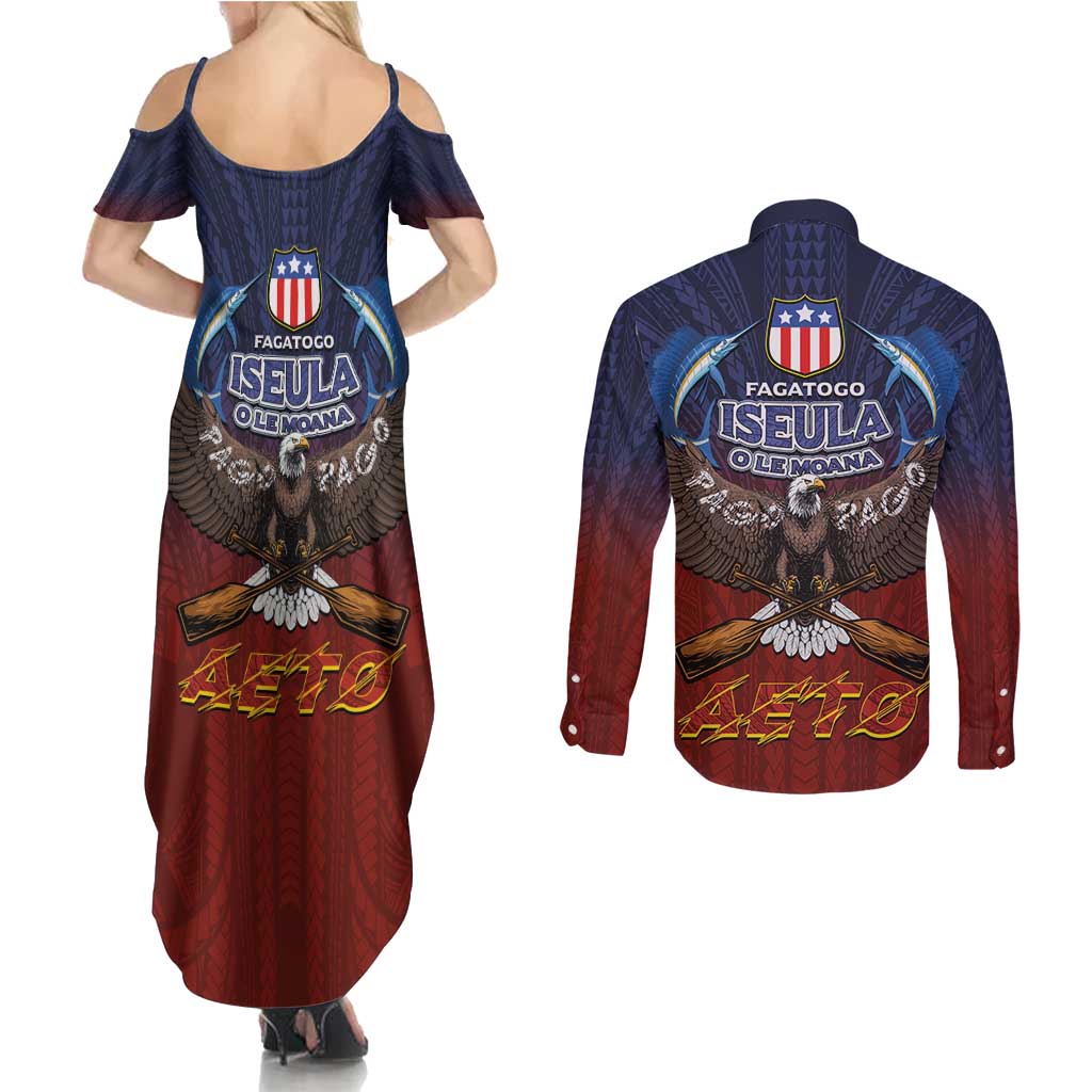 American Samoa Fautasi Couples Matching Summer Maxi Dress and Long Sleeve Button Shirt Pago Pago Aeto and Iseula o le Moana of Fagatogo Red-Blue - Polynesian Pride