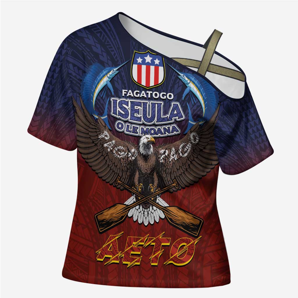 American Samoa Fautasi Cross Shoulder Shirt Pago Pago Aeto and Iseula o le Moana of Fagatogo Red-Blue - Polynesian Pride