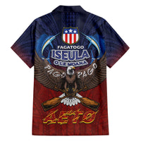 American Samoa Fautasi Family Matching Off The Shoulder Long Sleeve Dress and Hawaiian Shirt Pago Pago Aeto and Iseula o le Moana of Fagatogo Red-Blue - Polynesian Pride