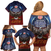 American Samoa Fautasi Family Matching Off Shoulder Short Dress and Hawaiian Shirt Pago Pago Aeto and Iseula o le Moana of Fagatogo Red-Blue - Polynesian Pride