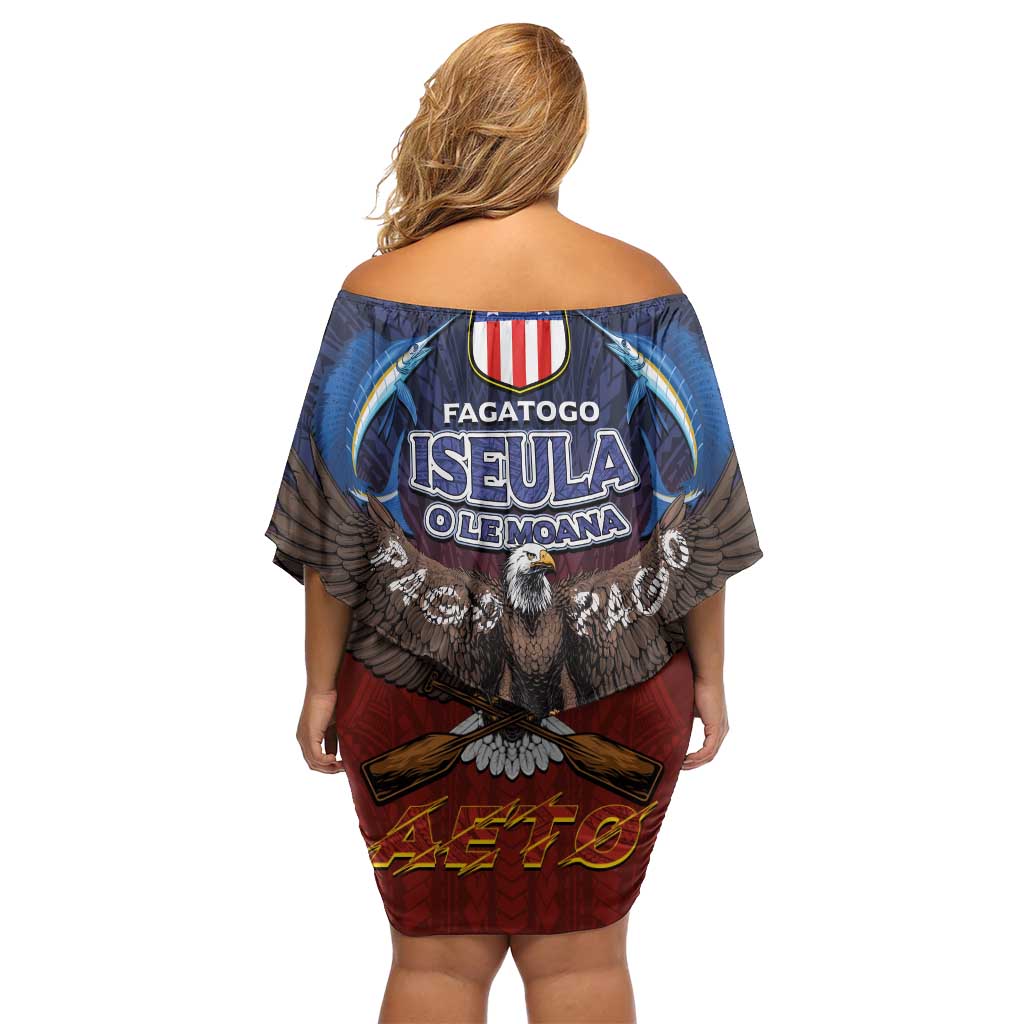 American Samoa Fautasi Family Matching Off Shoulder Short Dress and Hawaiian Shirt Pago Pago Aeto and Iseula o le Moana of Fagatogo Red-Blue - Polynesian Pride