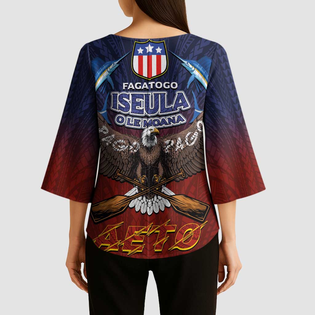 American Samoa Fautasi Kimono Sleeve Blouse Pago Pago Aeto and Iseula o le Moana of Fagatogo Red-Blue - Polynesian Pride