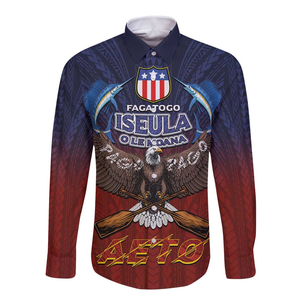 American Samoa Fautasi Long Sleeve Button Shirt Pago Pago Aeto and Iseula o le Moana of Fagatogo Red-Blue - Polynesian Pride