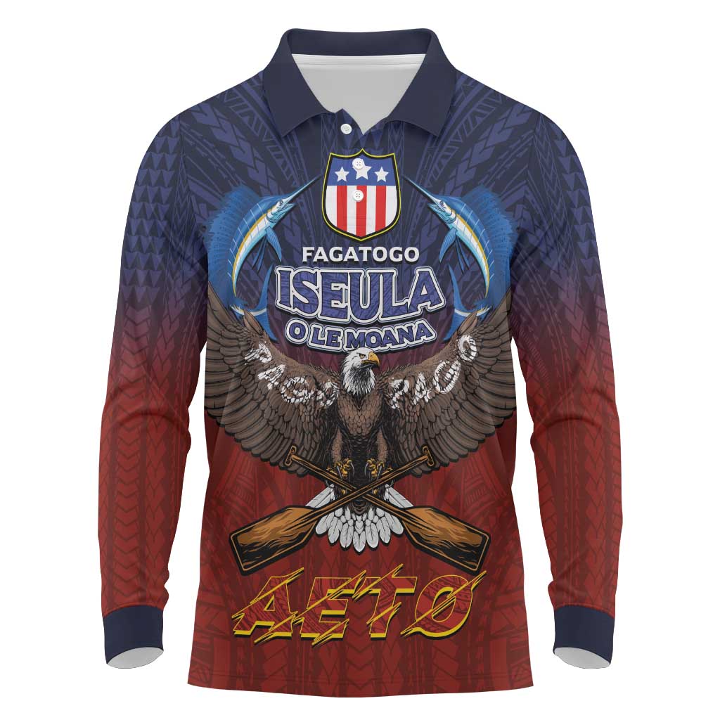 American Samoa Fautasi Long Sleeve Polo Shirt Pago Pago Aeto and Iseula o le Moana of Fagatogo Red-Blue - Polynesian Pride