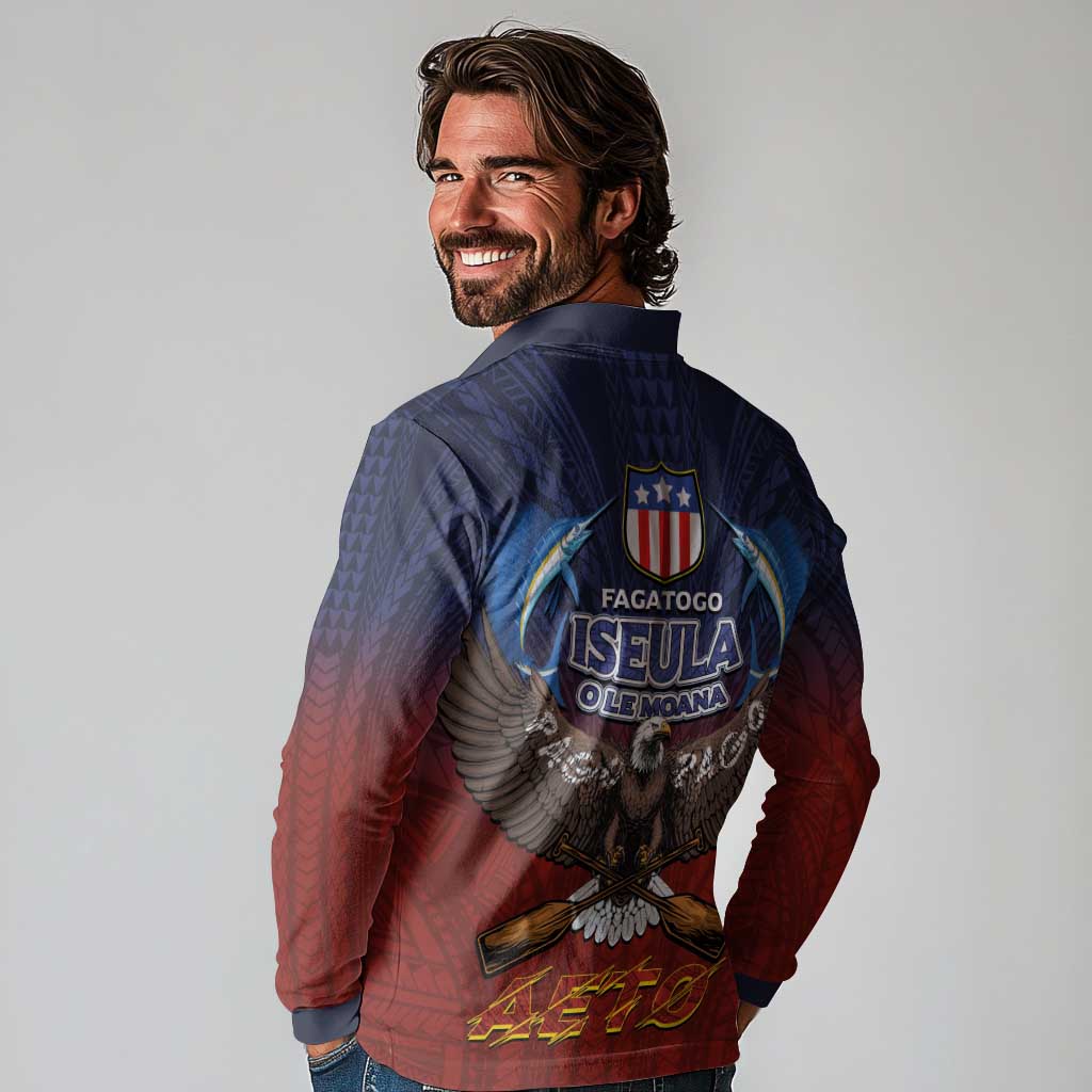American Samoa Fautasi Long Sleeve Polo Shirt Pago Pago Aeto and Iseula o le Moana of Fagatogo Red-Blue - Polynesian Pride