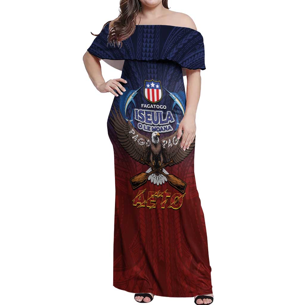 American Samoa Fautasi Off Shoulder Maxi Dress Pago Pago Aeto and Iseula o le Moana of Fagatogo Red-Blue - Polynesian Pride