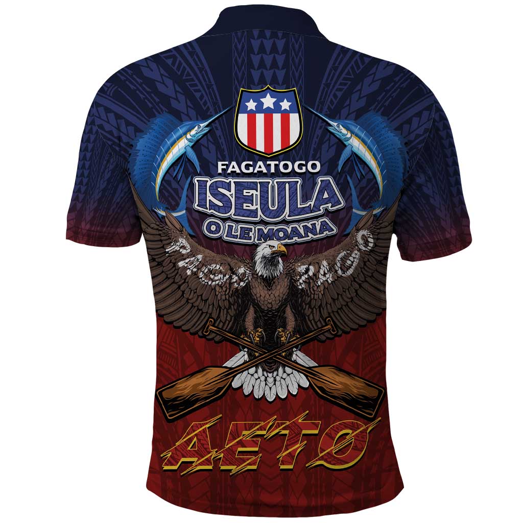 American Samoa Fautasi Polo Shirt Pago Pago Aeto and Iseula o le Moana of Fagatogo Red-Blue - Polynesian Pride