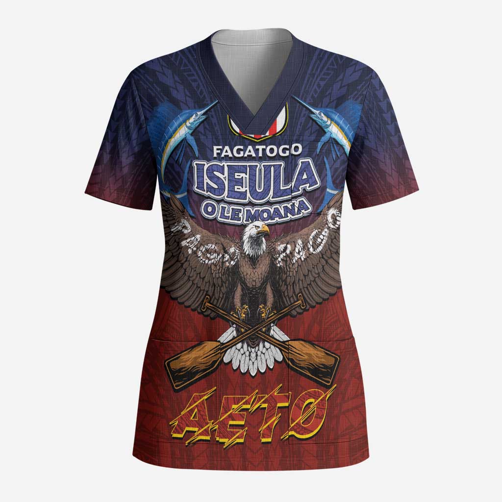 American Samoa Fautasi Scrub Top Pago Pago Aeto and Iseula o le Moana of Fagatogo Red-Blue - Polynesian Pride