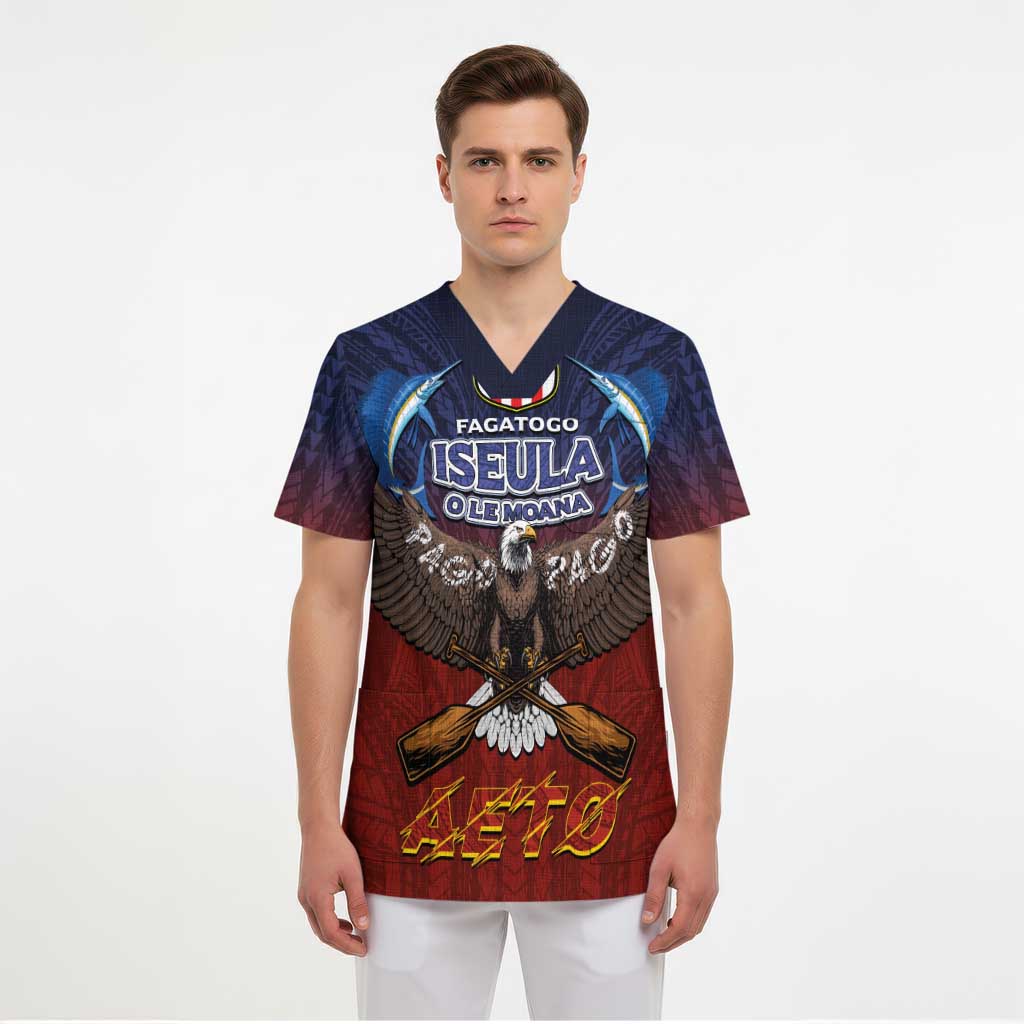 American Samoa Fautasi Scrub Top Pago Pago Aeto and Iseula o le Moana of Fagatogo Red-Blue - Polynesian Pride