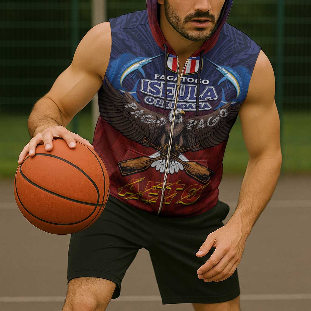 American Samoa Fautasi Sleeveless Zip Hoodie Pago Pago Aeto and Iseula o le Moana of Fagatogo Red-Blue - Polynesian Pride