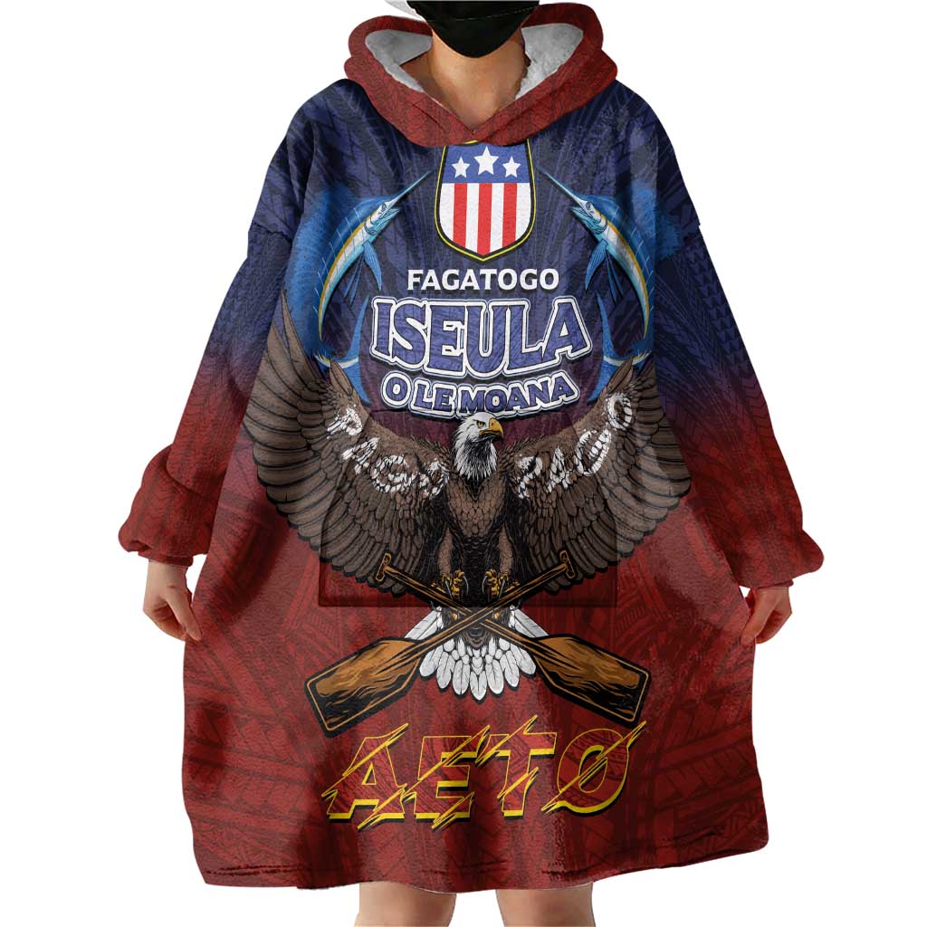 American Samoa Fautasi Wearable Blanket Hoodie Pago Pago Aeto and Iseula o le Moana of Fagatogo Red-Blue - Polynesian Pride