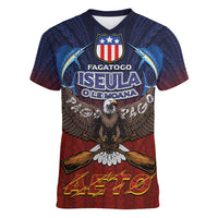 American Samoa Fautasi Women V-Neck T-Shirt Pago Pago Aeto and Iseula o le Moana of Fagatogo Red-Blue - Polynesian Pride