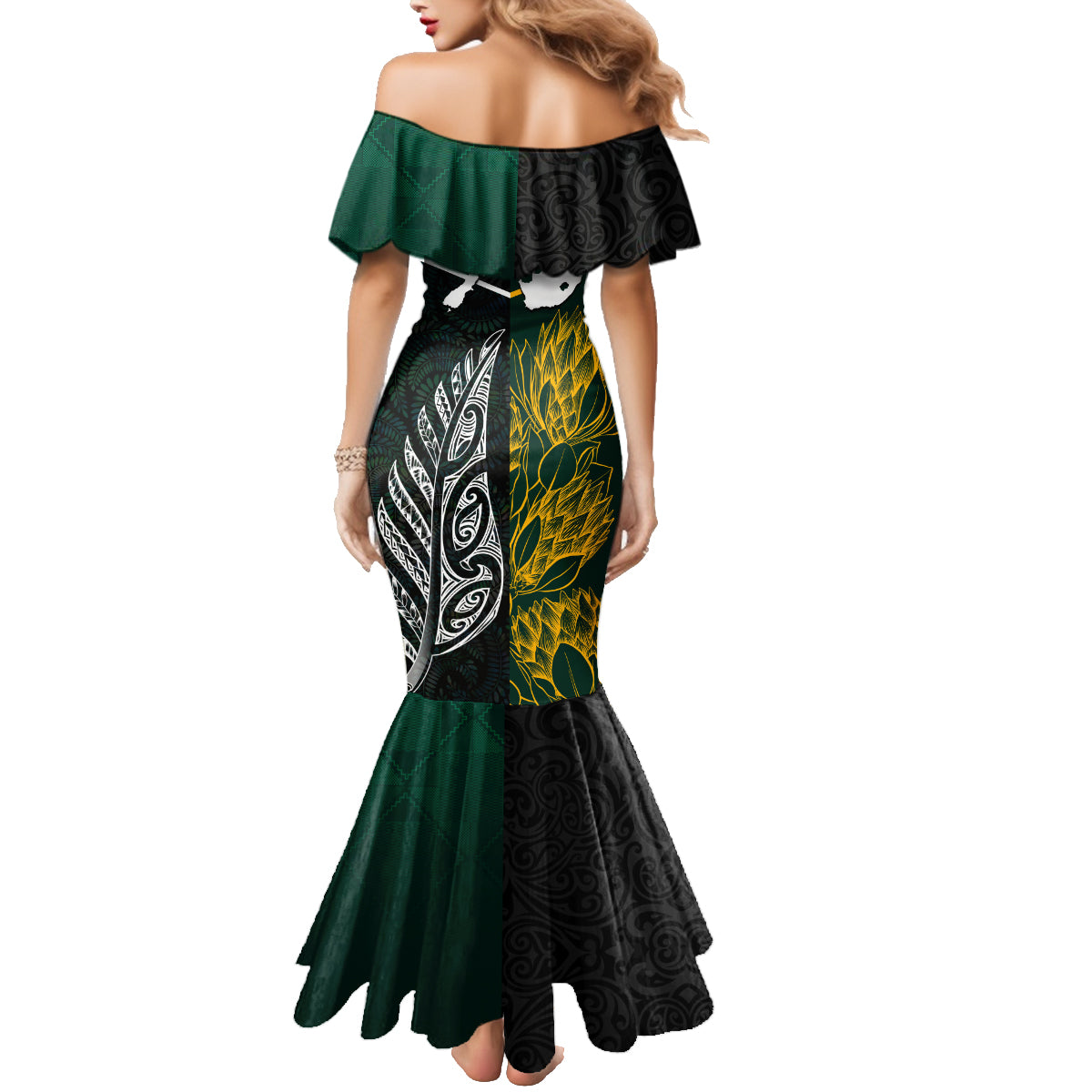 South Africa and New Zealand Family Matching Mermaid Dress and Hawaiian Shirt King Protea and Silver Fern Mix Culture Pattern LT03 - Polynesian Pride