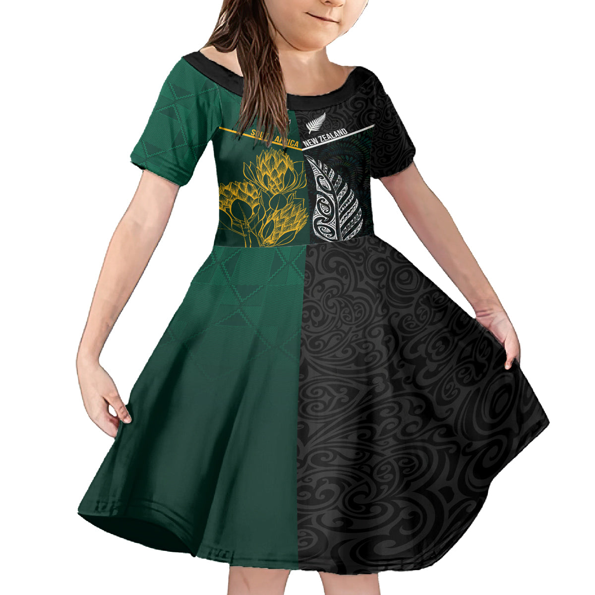South Africa and New Zealand Family Matching Off Shoulder Short Dress and Hawaiian Shirt King Protea and Silver Fern Mix Culture Pattern LT03 Daughter's Dress Black - Polynesian Pride