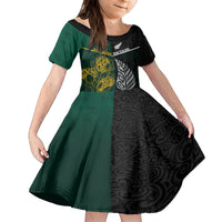 South Africa and New Zealand Family Matching Off Shoulder Short Dress and Hawaiian Shirt King Protea and Silver Fern Mix Culture Pattern LT03 Daughter's Dress Black - Polynesian Pride