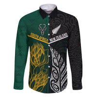 South Africa and New Zealand Family Matching Off Shoulder Short Dress and Hawaiian Shirt King Protea and Silver Fern Mix Culture Pattern LT03 Dad's Shirt - Long Sleeve Black - Polynesian Pride