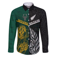 South Africa and New Zealand Family Matching Puletasi Dress and Hawaiian Shirt King Protea and Silver Fern Mix Culture Pattern LT03 Dad's Shirt - Long Sleeve Black - Polynesian Pride