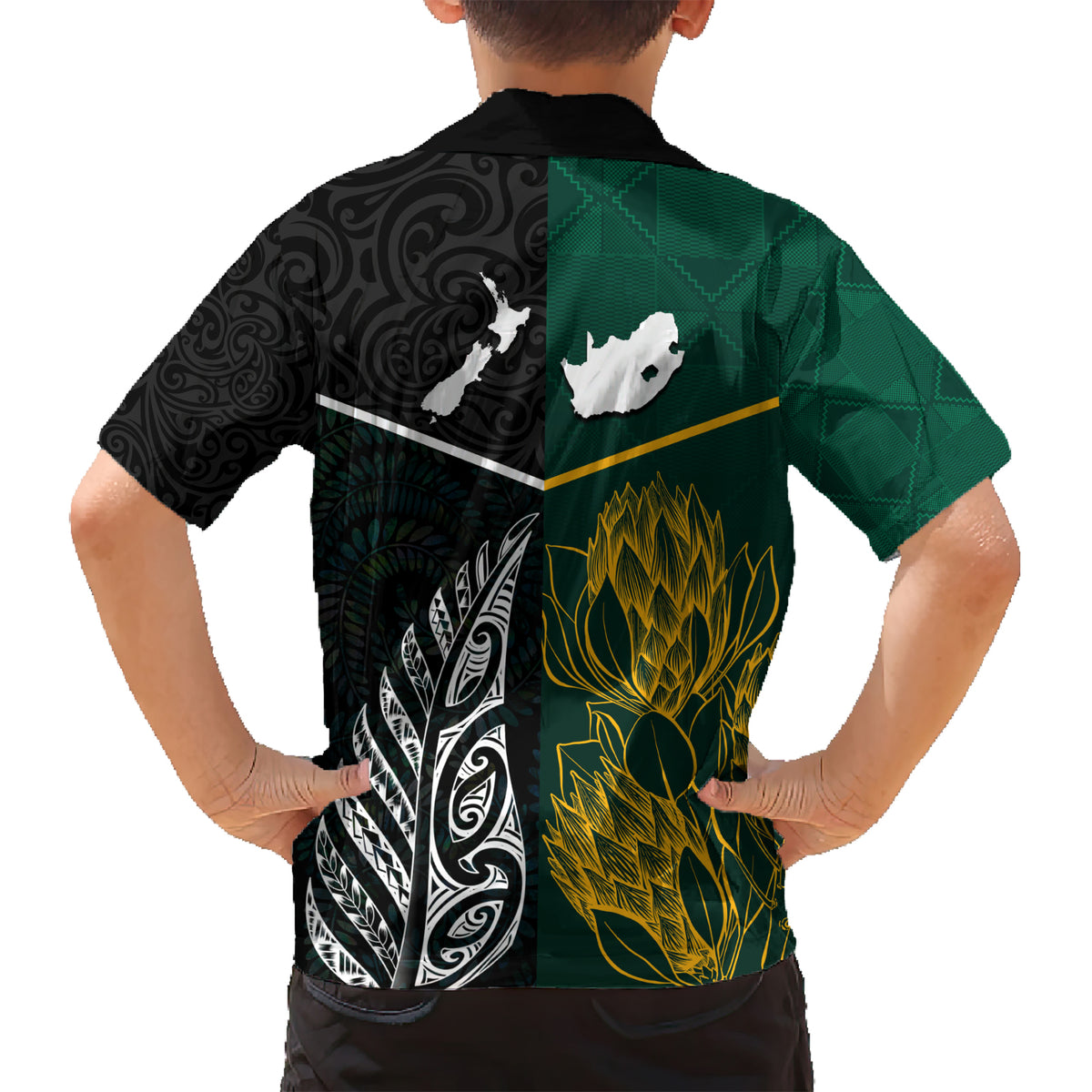 South Africa and New Zealand Kid Hawaiian Shirt King Protea and Silver Fern Mix Culture Pattern LT03 - Polynesian Pride